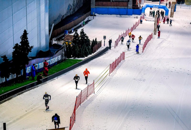 Participants take part in the DXB Snow Run at Ski Dubai on August 14, 2020. AFP