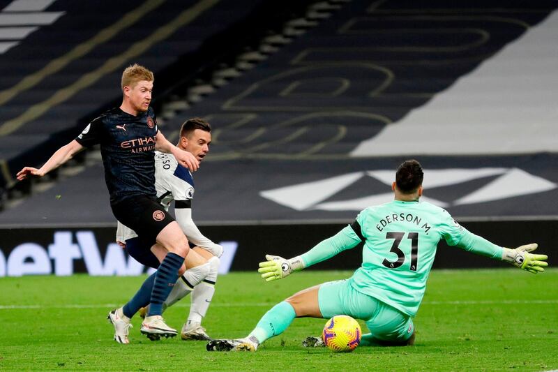 Spurs midfielder Giovani Lo Celso finishes past City goalkeeper Ederson to make the score 2-0. AFP