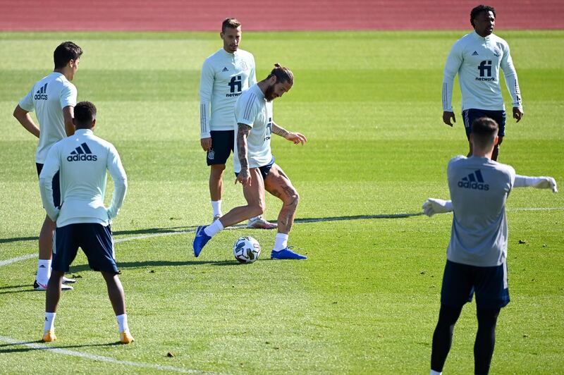 Sergio Ramos, centre, and teammates attend a training session at the Ciudad del Futbol in Las Rozas de Madrid on the eve of the UEFA Nations League football match between Spain and Switzerland. AFP