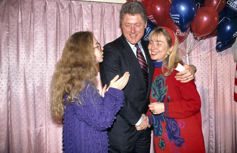 Presidential hopeful Bill Clinton is joined by his daughter Chelsea (L) and wife Hillary during his campaign for the presidency. (Photo by Brooks Kraft LLC/Sygma via Getty Images)