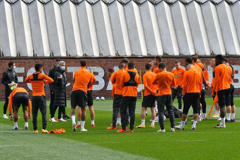 Shakhtar Donetsk players take part in a training session on the eve of the UEFA Champions League football match against Inter Milan. AFP