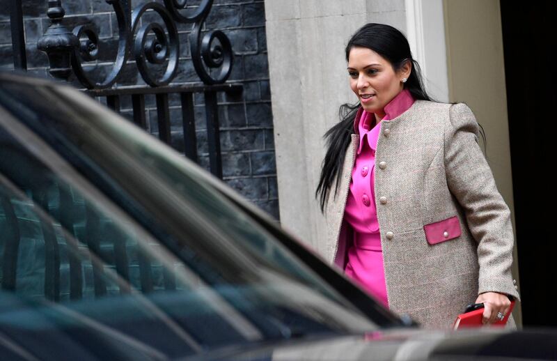 epa08217238 Britain's Home Secretary Priti Patel leaves Downing Street after a cabinet meeting in London, Britain, 14 February 2020. It is the first cabinet since British Prime Minister Boris Johnson reshuffled ministerial posts 13 February.  EPA/NEIL HALL