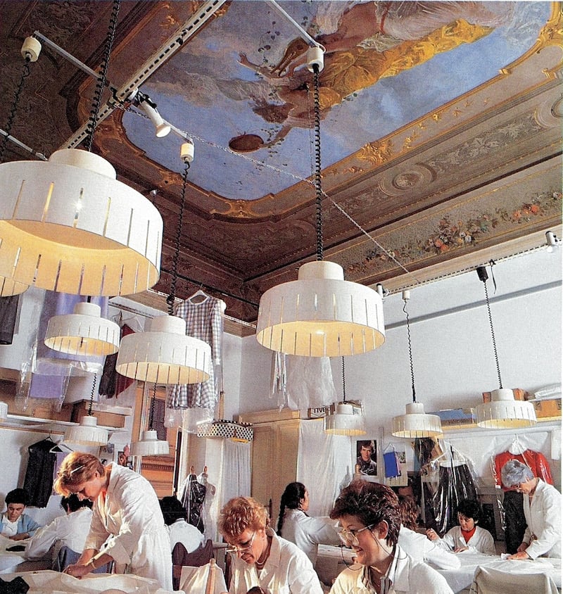 The Valentino seamstresses at work in the workshop in Palazzo Gabrielli-Mignanelli, Rome, 1987. All photos: Valentino