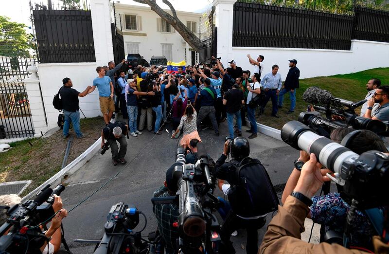 Venezuelan opposition politician Leopoldo Lopez speaks outside the Spanish embassy in Caracas on May 2, 2019. AFP