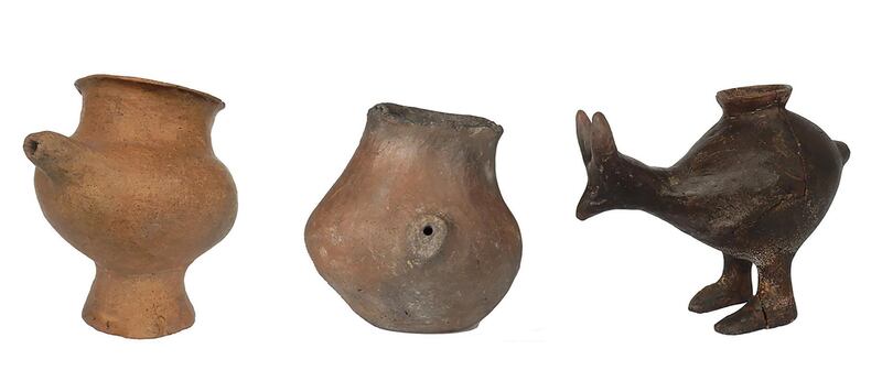 This handout picture released on September 24, 2019 by the Institute for Oriental and European Archaeology, Austrian Academy of Sciences shows a selection of Late Bronze Age feeding vessels for babies. Vessels are from Vienna, Oberleis, Vösendorf and Franzhausen-Kokoron (from left to right), dated to around 1200–  800 BC.  - RESTRICTED TO EDITORIAL USE - MANDATORY CREDIT "AFP PHOTO / Institute for Oriental and European Archaeology, Austrian Academy of Sciences/ Katharina Rebay-Salisbury (OREA)" - NO MARKETING - NO ADVERTISING CAMPAIGNS - DISTRIBUTED AS A SERVICE TO CLIENTS
 / AFP /  Institute for Oriental and European Archaeology, Austrian Academy of Sciences / HO / RESTRICTED TO EDITORIAL USE - MANDATORY CREDIT "AFP PHOTO / Institute for Oriental and European Archaeology, Austrian Academy of Sciences/ Katharina Rebay-Salisbury (OREA)" - NO MARKETING - NO ADVERTISING CAMPAIGNS - DISTRIBUTED AS A SERVICE TO CLIENTS
