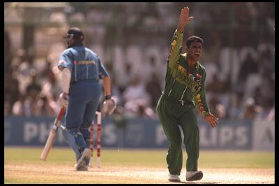 Waqar Younis appeals for the wicket of Graham Thorpe of England during their 1996 World Cup match in Karachi. Getty