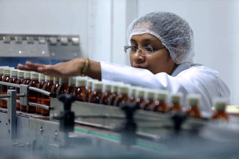 RAK , UNITED ARAB EMIRATES : July 8 , 2013 - Packing of the bottles in the J 1 unit at Gulf Pharmaceutical Industries in Ras Al Khaimah. In this J 1 unit they are making tablet and capsule medicine. ( Pawan Singh / The National ) . For Business.