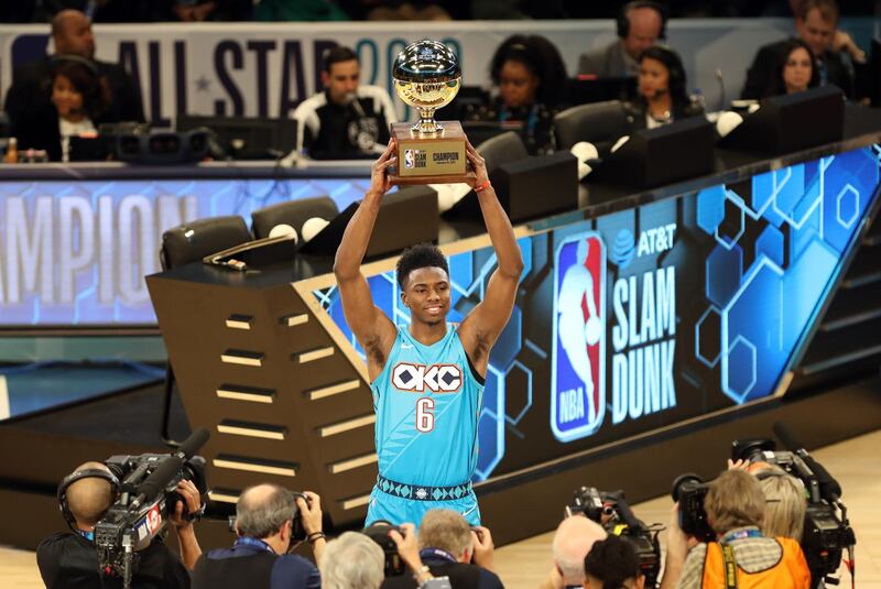 Oklahoma City Thunder forward Hamidou Diallo celebrates after winning the AT&T Slam Dunk Contest at the NBA All-Star Saturday Night at Spectrum Center. Jim Dedmon/USA TODAY Sports