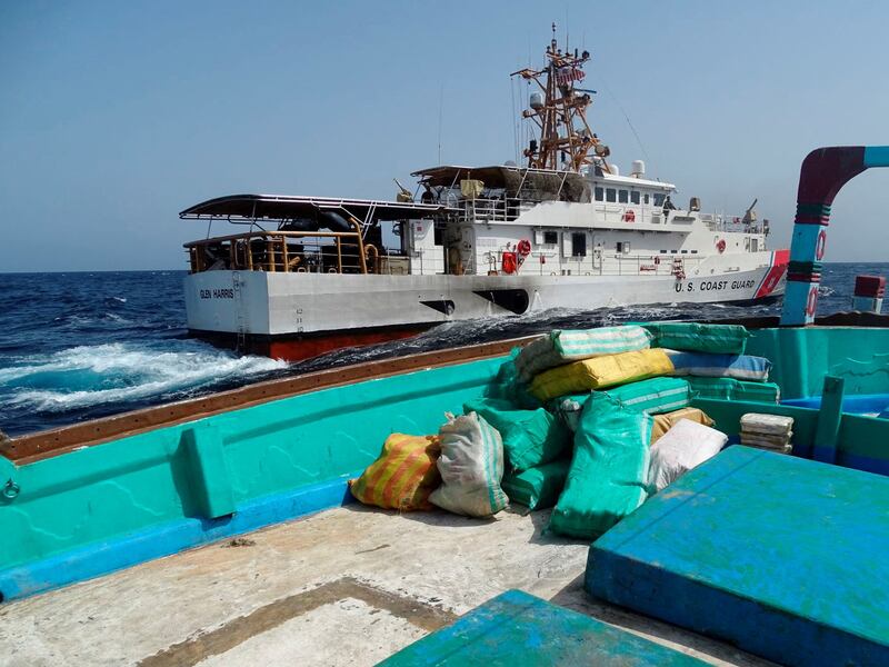 Bags of drugs sit on the deck of a fishing vessel seized by US coastguard in the Gulf of Oman. Reuters