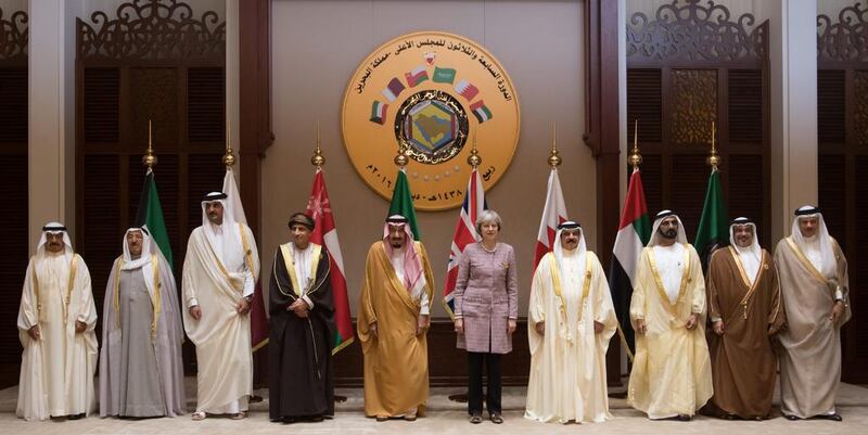 Gulf leaders, including Vice President and Ruler of Dubai Sheikh Mohammed bin Rashid Al Maktoum (third from right), pose for a group shot with British prime minister Theresa May on December 7, 2016, the second day of the GCC summit. Carl Court/Getty Images