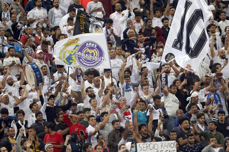 Supporters of Real Madrid cheer during the Spanish Super Cup Final match between Atletico Madrid FC and Real Madrid at King Abdullah Sport City Stadium, Jeddah, Saudi Arabia, January 12, 2020.  EPA/ALI ALQARNI