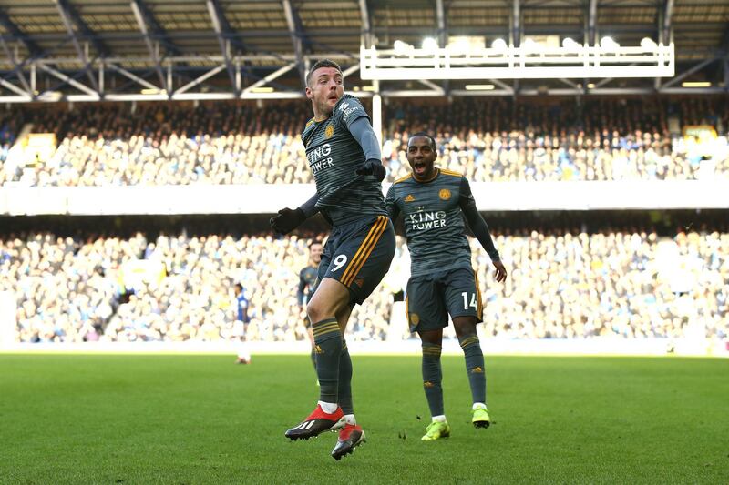 LIVERPOOL, ENGLAND - JANUARY 01:  Jamie Vardy of Leicester City celebrates after scoring his sides first goal during the Premier League match between Everton FC and Leicester City at Goodison Park on January 1, 2019 in Liverpool, United Kingdom.  (Photo by Jan Kruger/Getty Images)