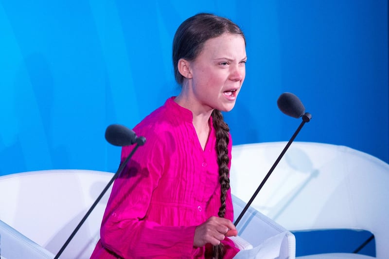 (FILES) In this file photograph taken on September 23, 2019, youth climate activist Greta Thunberg speaks during the UN Climate Action Summit on September 23, 2019 at the United Nations Headquarters in New York City. - Sitting on cold stone in front of the Stockholm Parliament: an anonymous teenager until a year ago, Greta Thunberg became the environmental conscience of the world and the voice of a generation exasperated by the inaction of its leaders. It all began in August 2018 when the 16-year-old Swede began the "school climate strike". Armed with a cardboard sign, she quickly attracted the attention of the Swedish and then international media, and in a few months the girl with Asperger's syndrome became the pasionaria of the blue planet. (Photo by Johannes EISELE / AFP)