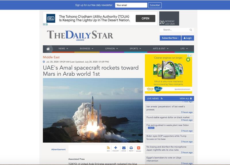 In Beirut, the Daily Star wrote: 'At the space centre in Dubai, people watching were transfixed by the lift-off, then cheered and clapped'