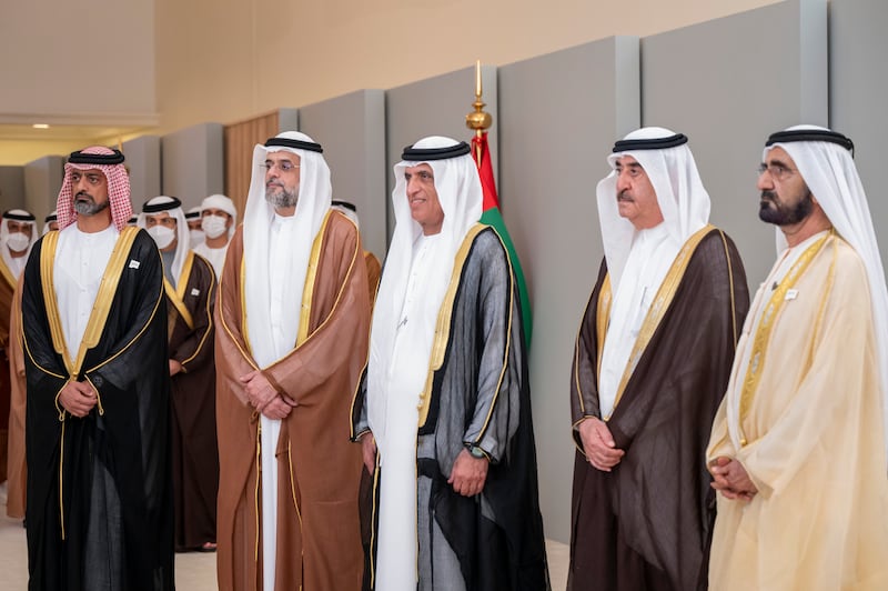 From left, Sheikh Ammar bin Humaid Al Nuaimi, Sheikh Sultan bin Mohammed Al Qasimi, Sheikh Saud bin Saqr Al Qasimi, Sheikh Saud bin Rashid Al Mualla and Sheikh Mohammed bin Rashid. Mohamed Al Hammadi / Ministry of Presidential Affairs