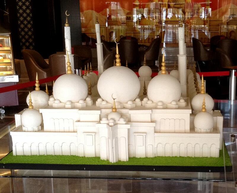 The Hilton Abu Dhabi’s pastry team crafted a chocolate replica of the Sheikh Zayed Grand Mosque in the hotel lobby in 2014. Courtesy Hilton Abu Dhabi