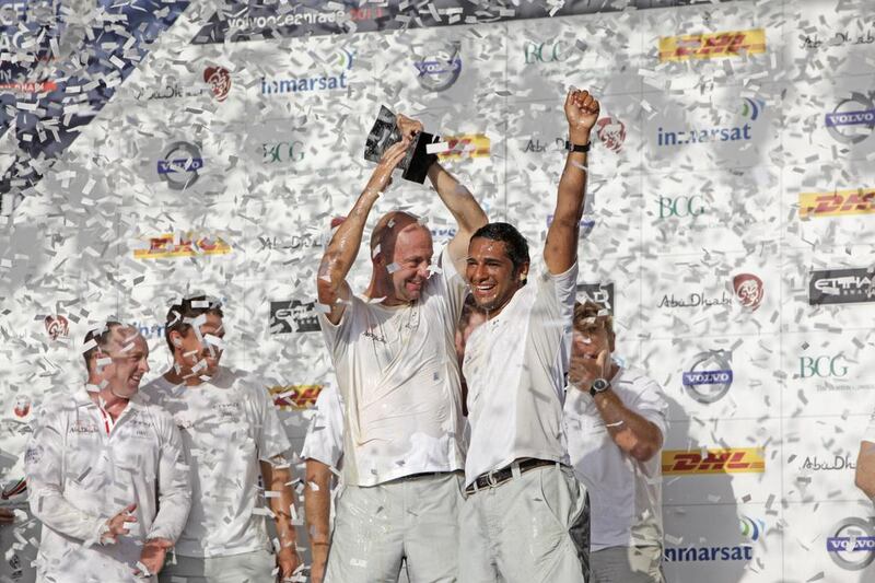 January 13 2012 - Abu Dhabi - Ali Khalid and Azzam skipper Ian Walker  celebrate their victory at the Etihad In-Port Race. (Razan Alzayani / The National) 