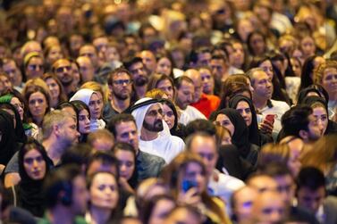 Sheikh Mohammed bin Rashid, Vice President and Ruler of Dubai, attends the Tony Robbins event at the Coca Cola Arena on Tuesday. Courtesy Dubai Media Office