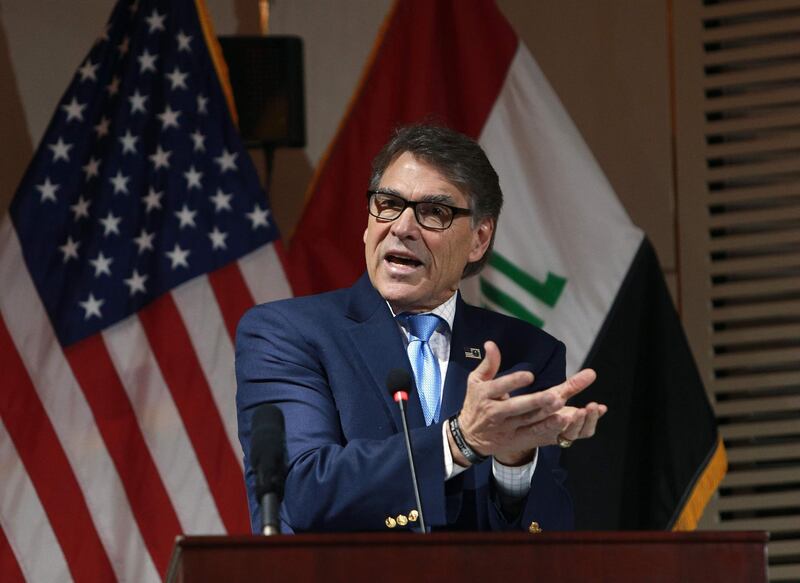 US Energy Secretary Rick Perry speaks at a joint press conference in the Iraqi capital Baghdad on December 11, 2018.   / AFP / POOL / Hadi Mizban
