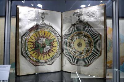 ABU DHABI , UNITED ARAB EMIRATES , January 16 ��� 2019 :- The Most Spectacular contribution of the book maker���s art to sixteenth century science , Apianus, Petrus ,1540 on display at the Manuscripts Conference held at Manarat Al Saadiyat in Abu Dhabi. (Pawan Singh / The National ) For News. Story by Shareena