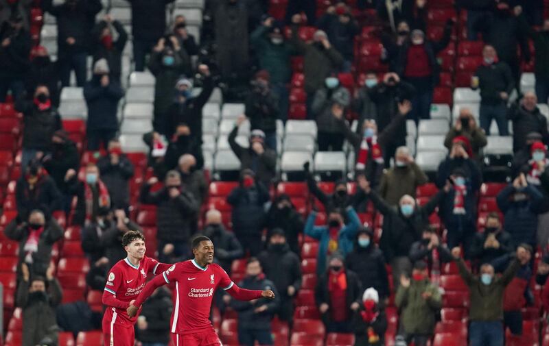 Liverpool's Georginio Wijnaldum celebrates the second goal. Reuters