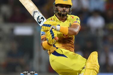 Chennai Super Kings cricketer Suresh Raina plays a shot during the 2018 Indian Premier League (IPL) Twenty20 final cricket match between Chennai Super Kings and Sunrisers Hyderabad at the Wankhede stadium in Mumbai on May 27, 2018. (Photo by PUNIT PARANJPE / AFP) / ----IMAGE RESTRICTED TO EDITORIAL USE - STRICTLY NO COMMERCIAL USE----- / GETTYOUT