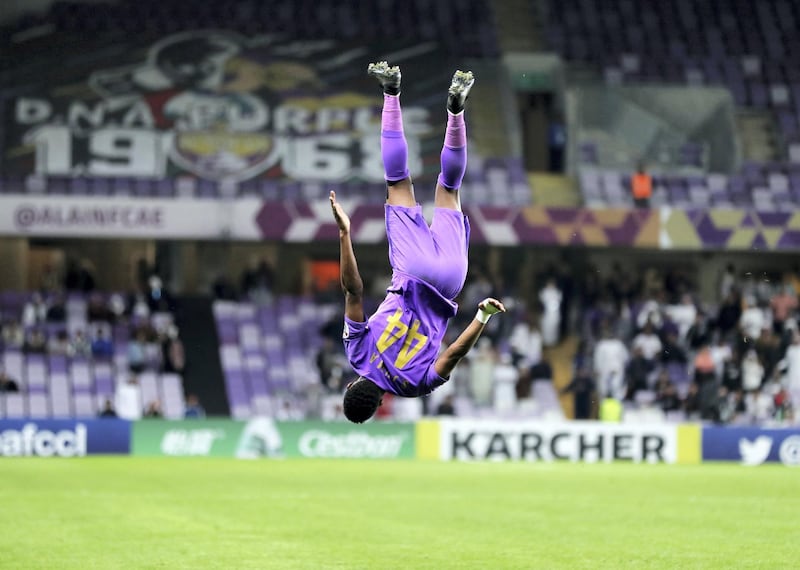 Al Ain, United Arab Emirates - Reporter: John McAuley: Saeed Juma of Al Ain celebrates his goal. Al Ain take on Bunyodkor in the play-off to game qualify for the 2020 Asian Champions League. Tuesday, January 28th, 2020. Hazza bin Zayed Stadium, Al Ain. Chris Whiteoak / The National