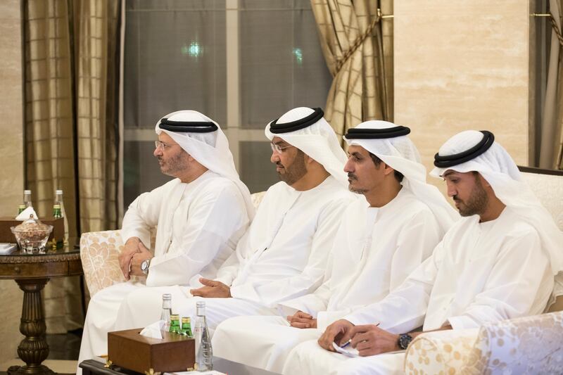 ABU DHABI, UNITED ARAB EMIRATES - July 15, 2017: (L-R) HE Dr Anwar bin Mohamed Gargash, UAE Minister of State for Foreign Affairs, HE Dr Sultan Ahmed Al Jaber, UAE Minister of State, Chairman of Masdar and CEO of ADNOC Group, HE Ali Mohamed Hammad Al Shamsi, Deputy Secretary-General of the UAE Supreme National Security Council, and HE Mohamed Mubarak Al Mazrouei, Undersecretary of the Crown Prince Court of Abu Dhabi, attend a meeting with HE Idriss Deby President of Chad (not shown), at Al Shati Palace. Seen with 
( Ryan Carter / Crown Prince Court - Abu Dhabi )
---