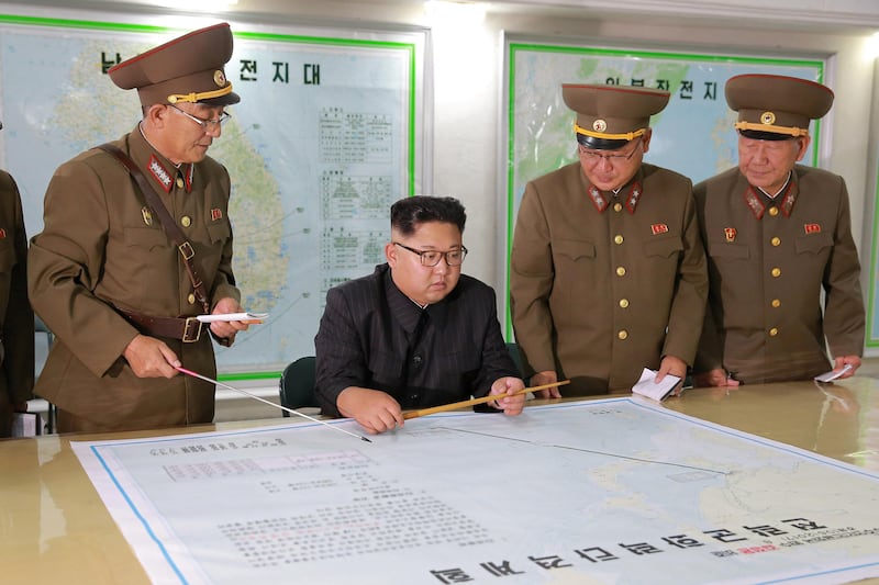 North Korean leader Kim Jong Un visits the Command of the Strategic Force of the Korean People's Army (KPA) in an unknown location in North Korea in this undated photo released by North Korea's Korean Central News Agency (KCNA) on August 15, 2017.   KCNA/via REUTERS   ATTENTION EDITORS - THIS PICTURE WAS PROVIDED BY A THIRD PARTY. NO THIRD PARTY SALES.  SOUTH KOREA OUT. NO COMMERCIAL OR EDITORIAL SALES IN SOUTH KOREA. PICTURE BLURRED AT SOURCE.  TPX IMAGES OF THE DAY
