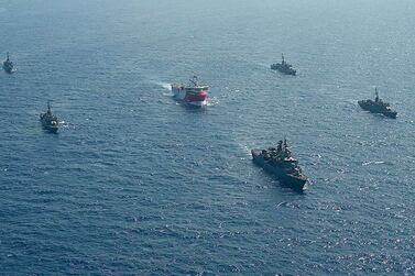 The Turkish research vessel 'Oruc Reis' is escorted by naval ships in contested waters in the Mediterranean, causing friction with European countries. AFP/Turkish Defence Ministry