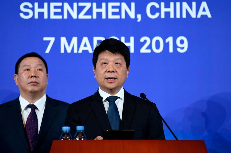 Huawei's rotating chairman Guo Ping speaks during a press conference in Shenzhen, China's Guangdong province on March 7, 2019. Chinese telecom giant Huawei said on March 7 it was suing the United States for barring government agencies from buying the telecom company's equipment and services. / AFP / WANG ZHAO
