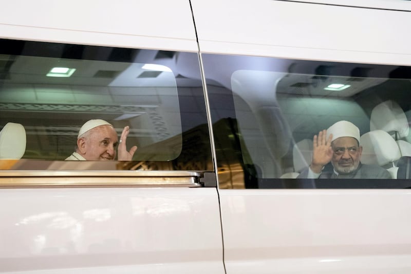 ABU DHABI, UNITED ARAB EMIRATES - February 03, 2019: Day one of the UAE papal visit - His Holiness Pope Francis, Head of the Catholic Church (L) and His Eminence Dr Ahmad Al Tayyeb, Grand Imam of the Al Azhar Al Sharif (R), bid farewell while departing from the Presidential Airport, after being received by HH Sheikh Mohamed bin Zayed Al Nahyan, Crown Prince of Abu Dhabi and Deputy Supreme Commander of the UAE Armed Forces (not shown). 


( Mohamed Al Hammadi / Ministry of Presidential Affairs )
---