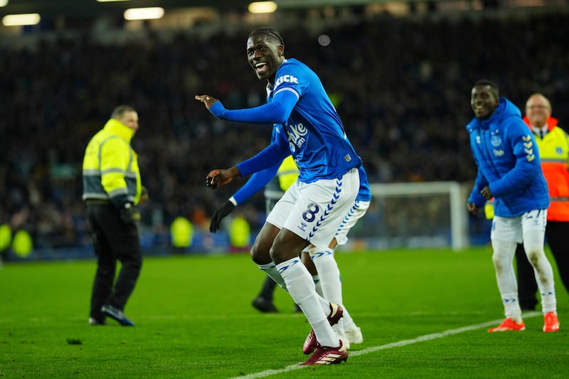 Amadou Onana celebrates the win over Liverpool which moved Everton eight points clear of the relegation zone. AP