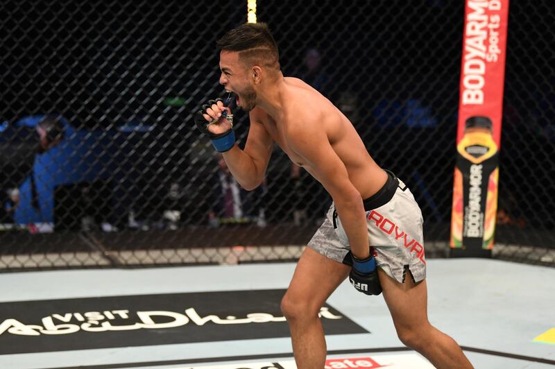 ABU DHABI, UNITED ARAB EMIRATES - SEPTEMBER 27:  Brandon Royval reacts after submitting Kai Kara France of New Zealand in their flyweight bout during UFC 253 inside Flash Forum on UFC Fight Island on September 27, 2020 in Abu Dhabi, United Arab Emirates. (Photo by Josh Hedges/Zuffa LLC)