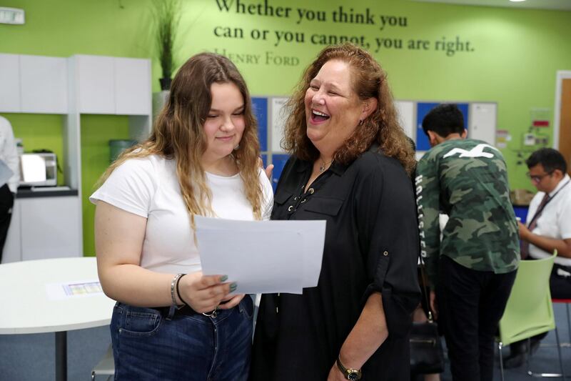 
ABU DHABI ,  UNITED ARAB EMIRATES , AUGUST 22 – 2019 :- Carolina Beirne with her mother after receiving the GCSE results at the Brighton College in Abu Dhabi. ( Pawan Singh / The National ) For News. Story by Kelly
