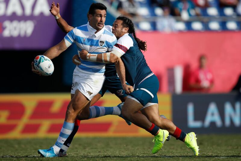 Argentina's centre Jeronimo de la Fuente (L) is tackled by US full back Mike Teo during the Japan 2019 Rugby World Cup Pool C match between Argentina and the United States at the Kumagaya Rugby Stadium in Kumagaya. AFP