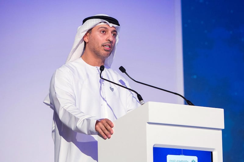 Abu Dhabi, United Arab Emirates - HE Dr. Ahmad Belhoul Al Falasi, Cabinet Member, Minister of State for Higher Education and Advanced Skills and Chairman of UAE Space Agency speaking at the revealing of details of the UAE space law at St. Regis Hotel, corniche.  Leslie Pableo for The National
