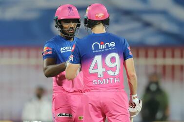 Sanju Samson of Rajasthan Royals and Steve Smith captain of Rajasthan Royals during match 9 season 13 of the Dream 11 Indian Premier League (IPL) between Rajasthan Royals and Kings XI Punjab held at the Sharjah Cricket Stadium, Sharjah in the United Arab Emirates on the 27th September 2020. Photo by: Deepak Malik / Sportzpics for BCCI