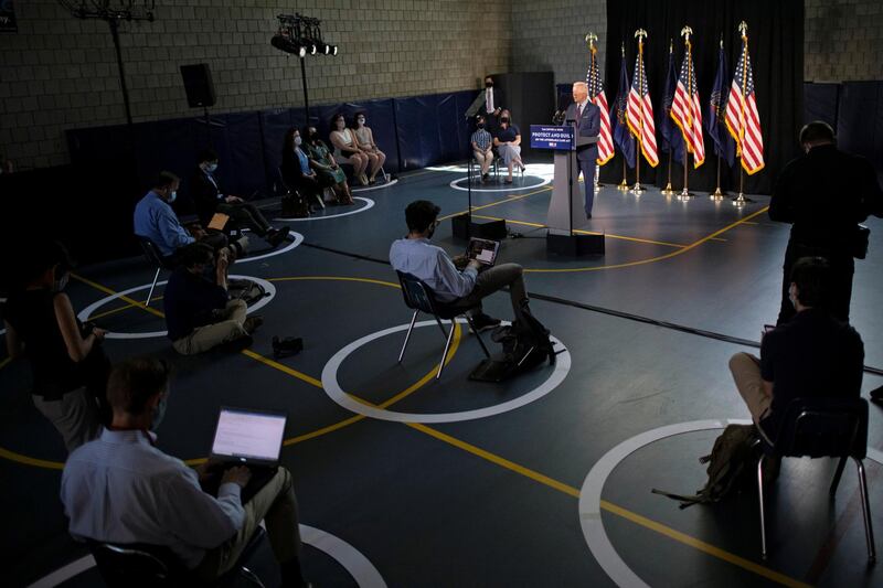 Journalists maintain physical distance while Democratic US presidential candidate and former Vice President Joe Biden speaks during a Biden campaign event  in Lancaster, Pennsylvania. Reuters