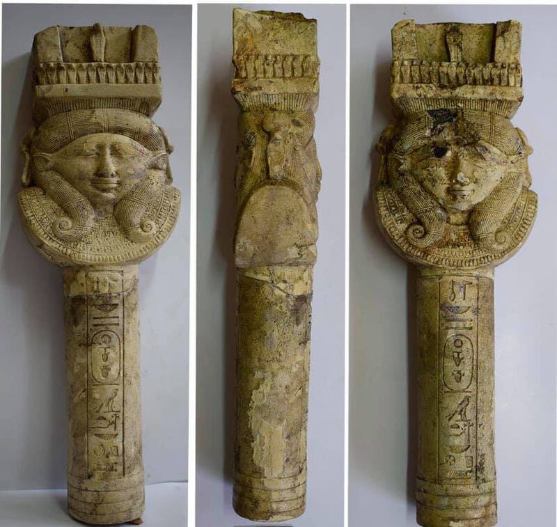 A limestone pillar adorned with the head of Hathor, the ancient Egyptian goddess of the sky, women, fertility and love. The pillar was among a varied cache of artefacts unearthed at Egypt's Tel El Farain archaeological site.