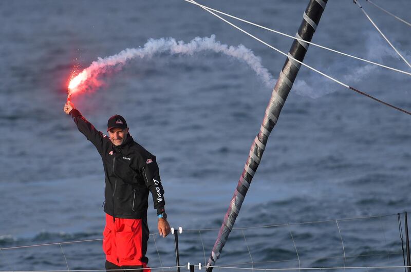 French skipper Jeremie Beyou celebrates his victory in the Vendee-Arctic-Les Sables d'Olonne solo monohull sailing race, in Les Sables-d'Olonne, western France. AFP
