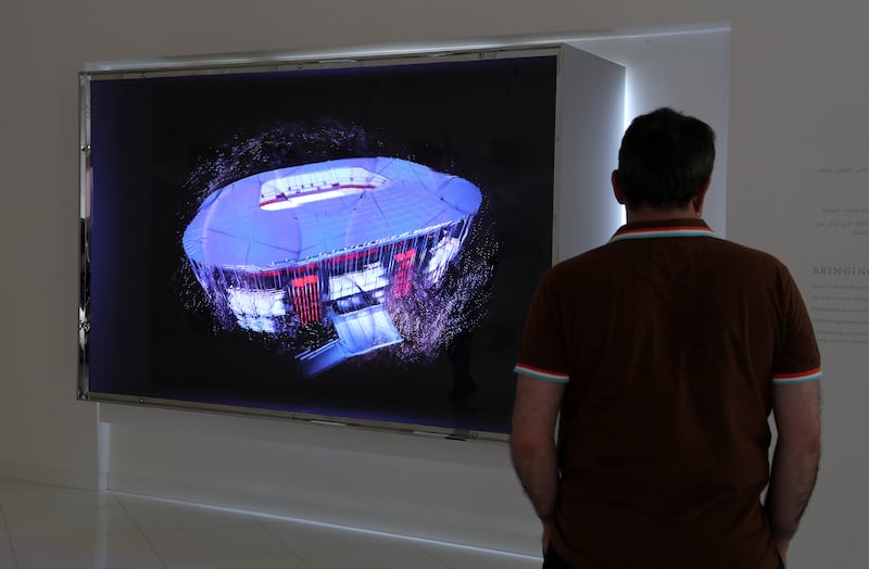 The stadia for the upcoming World Cup are showcased at the Qatar pavilion. Eight venues are being built for the tournament. Three are in Al-Rayyan, two in Doha and one each in Al-Wakrah, Al-Khor and Lusail. Pawan Singh / The National