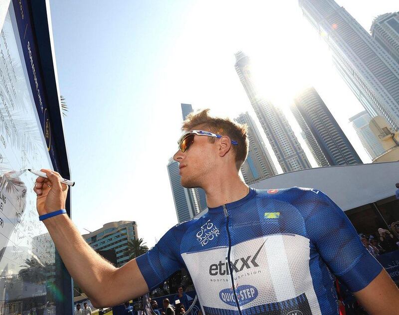 German rider Marcel Kittel of Etixx–Quick-Step signs in for the second stage of the Dubai Tour on Thursday. Daniel Dal Zennaro / EPA / February 4, 2016  