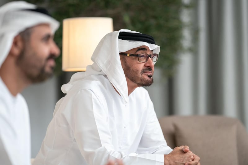 Sheikh Mohamed bin Zayed, Crown Prince of Abu Dhabi and Deputy Supreme Commander of the Armed Forces, pictured with Sheikh Theyab bin Mohamed, chairman of the Abu Dhabi Crown Prince’s Court. Courtesy: Sheikh Mohamed bin Zayed Twitter