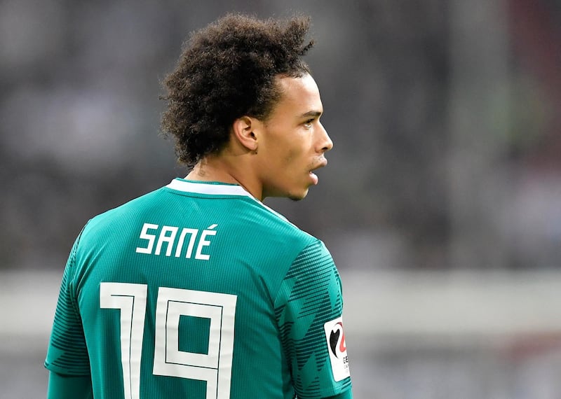 FILE - In this Friday, March 23, 2018 file photo Germany's Leroy Sane looks on during an international friendly soccer match between Germany and Spain in Duesseldorf, Germany. Manchester City winger Leroy Sane has been omitted from Germany's final 23-man World Cup squad, the German federation has confirmed on its website. (AP Photo/Martin Meissner, File)