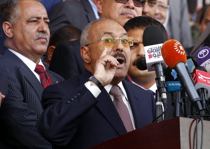 epaselect epa06159468 Yemeni ex-president Ali Abdullah Saleh delivers a speech during a rally marking the 35th anniversary celebrations for the formation of his General People's Congress party, in Sana’a, Yemen, 24 August 2017.  According to reports, hundreds of thousands of ex-president Ali Saleh’s supporters massed around a big square in the Yemeni capital Sana’a to celebrate the 35th anniversary of General People's Congress (GPC) party, as tensions rose within the Houthi-Saleh alliance after Houthis tried to prevent the GPC party from summoning millions of supporters from across the war-torn country to attend the anniversary celebration in Sana’a.  EPA/YAHYA ARHAB