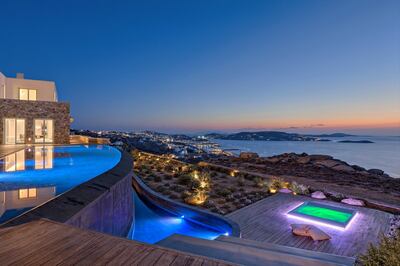 Grandeur, listed by Greece Sotheby’s International Realty, has eight bedrooms, an infinity pool and a Jacuzzi 