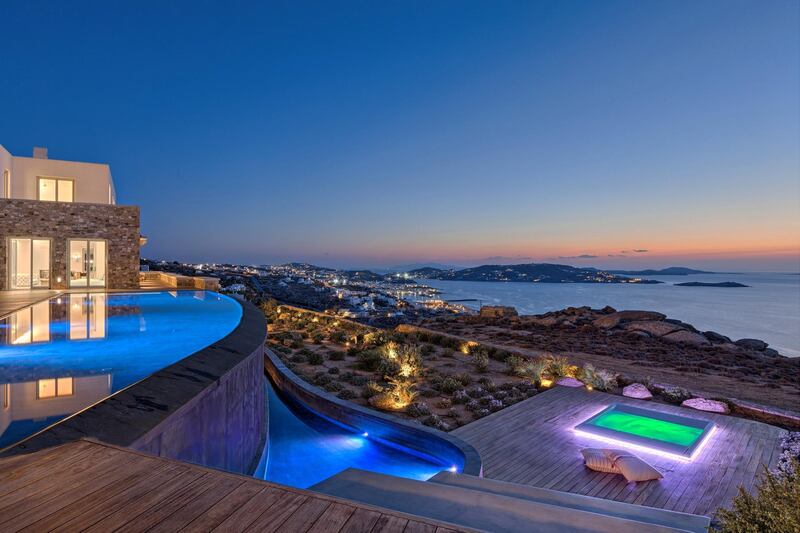 Grandeur, listed by Greece Sotheby’s International Realty, has eight bedrooms, an infinity pool and a Jacuzzi 
