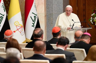 Pope Francis gives a speech at the Presidential Palace in Baghdad, Iraq March 5, 2021. Vatican Media/?Handout via REUTERS ATTENTION EDITORS - THIS IMAGE WAS PROVIDED BY A THIRD PARTY.