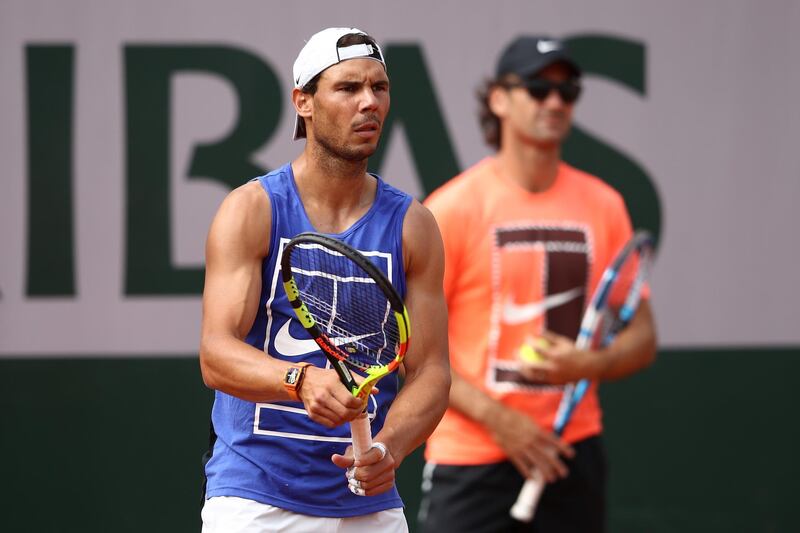 PARIS, FRANCE - MAY 24:  Rafael Nadal of Spain looks on during a practice session ahead of the French Open at Roland Garros on May 24, 2018 in Paris, France.  (Photo by Cameron Spencer/Getty Images)